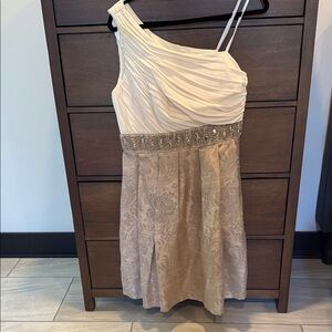 White House Black Market Elegant Cream and Tan One-Shoulder Cocktail Dress